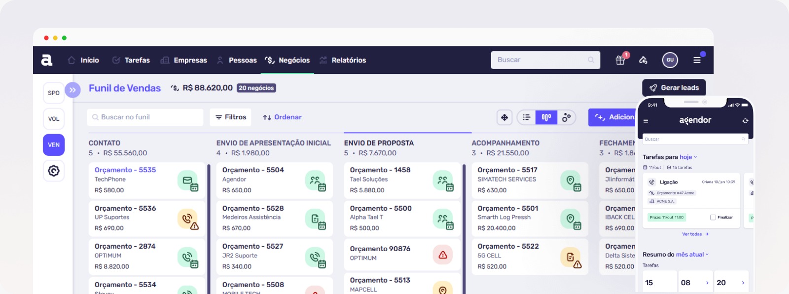 Interface do Agendor CRM com funil de vendas visual